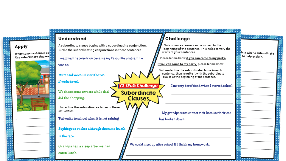 image of Year 3 Subordinate Clause SPaG Worksheets