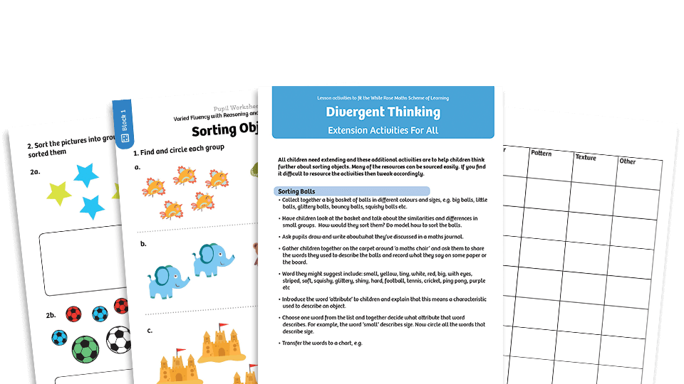 image of White Rose Maths: Year 1 Autumn Term – Block 1: Sort objects maths worksheets