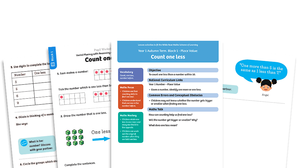 image of White Rose Maths: Year 1 Autumn Term – Block 1: Count one less maths worksheets