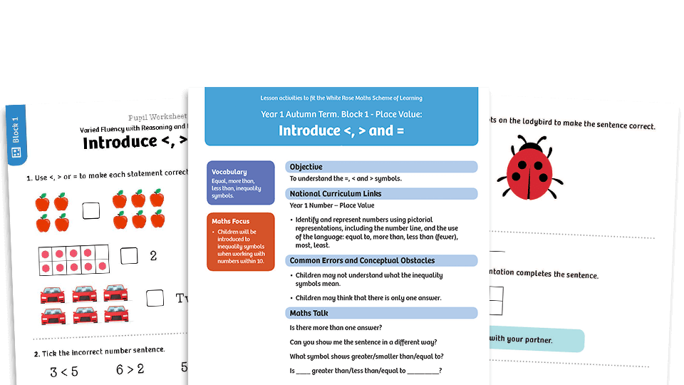 image of White Rose Maths: Year 1 Autumn Term – Block 1: Introduce <, > and = maths worksheets