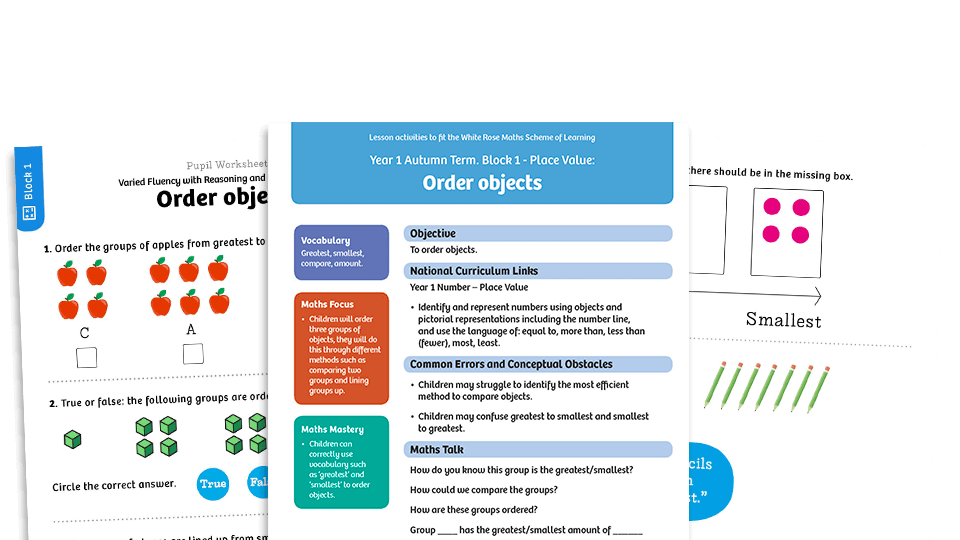 image of White Rose Maths: Y1 Autumn Term – Block 1: Order objects maths worksheets