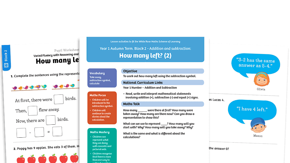 image of White Rose Maths: Year 1 Autumn Term – Block 2: How many left? (2) maths worksheets