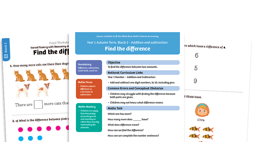 image of White Rose Maths: Year 1 Autumn Term – Block 2: Find the difference maths worksheets