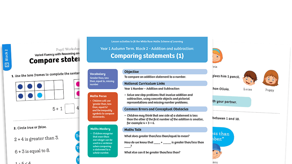 image of White Rose Maths:Year 1 Autumn Term – Block 2: Compare statements (1) maths worksheets