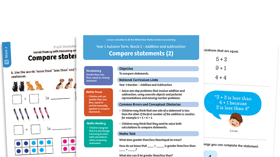 image of White Rose Maths: Year 1 Autumn Term – Block 2: Compare statements (2) maths worksheets