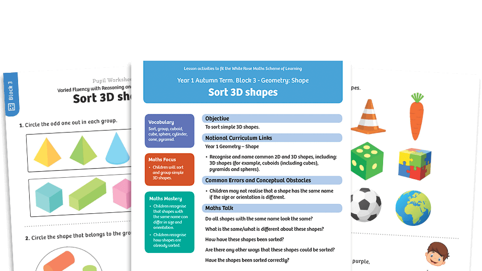 image of White Rose Maths: Year 1 Autumn Term – Block 3: Sort 3D shapes maths worksheets