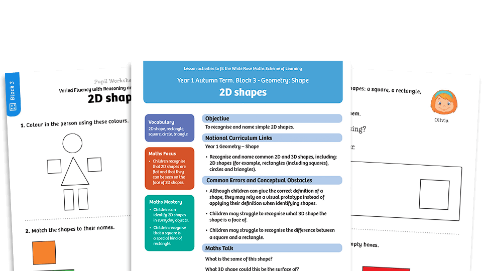 image of White Rose Maths: Year 1 Autumn Term – Block 3: 2D shapes maths worksheets