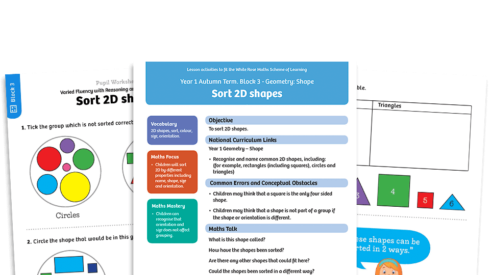 image of White Rose Maths: Year 1 Autumn Term – Block 3: Sort 2D shapes maths worksheets