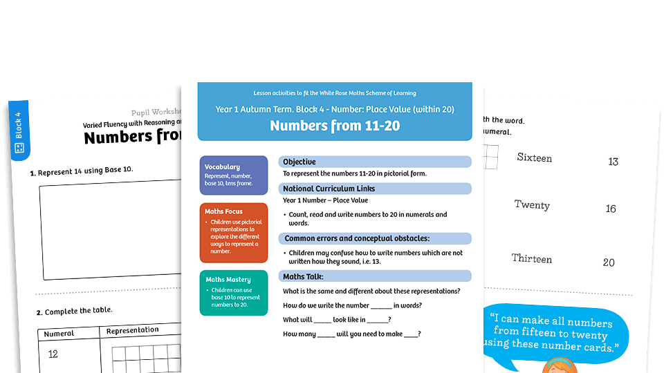 image of White Rose Maths: Year 1 Autumn Term – Block 4: Numbers from 11 to 20 maths worksheets