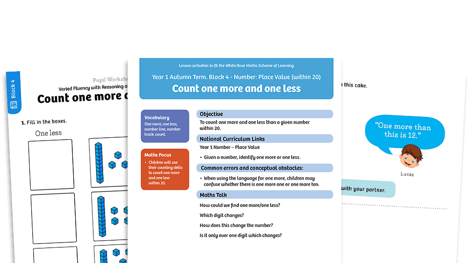 image of White Rose Maths: Year 1 Autumn Term – Block 4: Count one more and one less maths worksheets