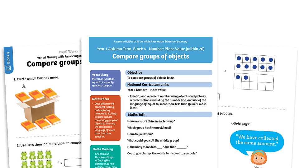 image of White Rose Maths: Year 1 Autumn Term – Block 4: Compare groups of objects maths worksheets