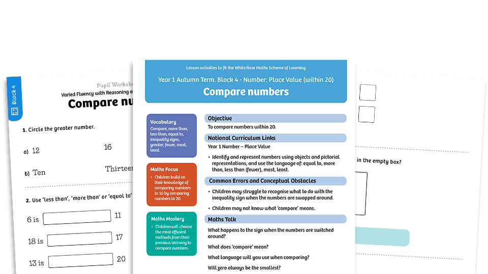 image of White Rose Maths: Year 1 Autumn Term – Block 4: Compare numbers maths worksheets