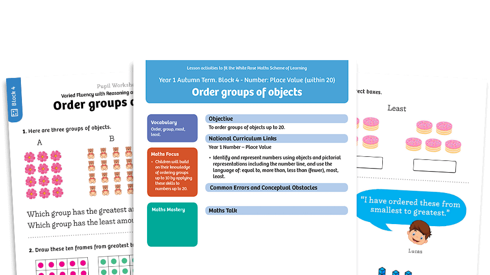 image of White Rose Maths: Y1 Autumn Term – Block 4: Order groups of objects maths worksheets