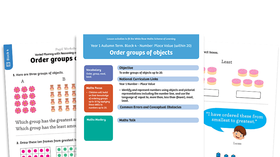 image of White Rose Maths: Year 1 Autumn Term – Block 4: Order groups of objects maths worksheets