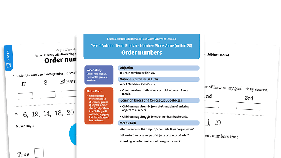 image of White Rose Maths: Year 1 Autumn Term – Block 4: Order numbers maths worksheets