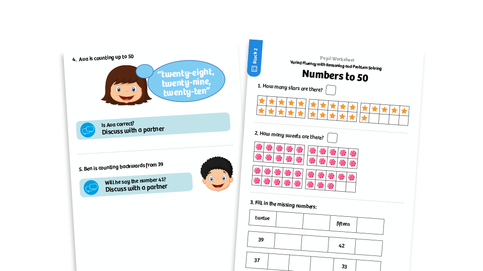 image of White Rose Maths: Year 1 Spring Term – Block 2: Numbers to 50 maths worksheets