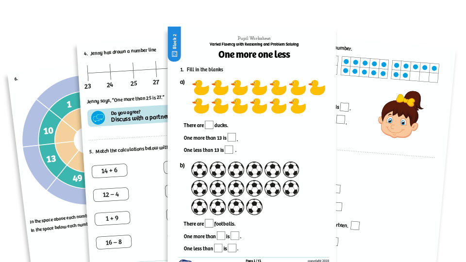 image of White Rose Maths: Year 1 Spring Term – Block 2: One more one less maths worksheets