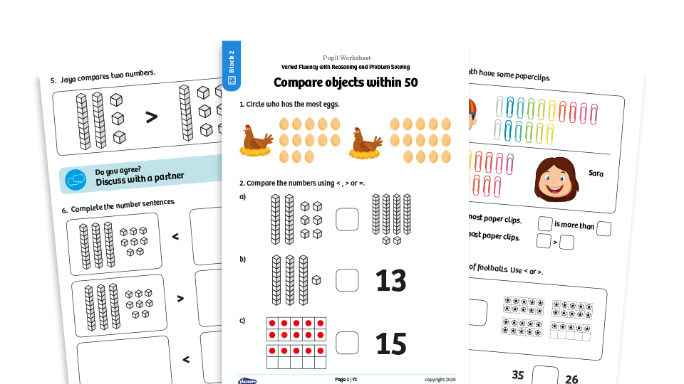 image of White Rose Maths: Year 1 Spring Term – Block 2: Compare objects within 50 maths worksheets