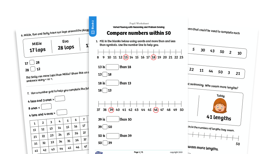 image of White Rose Maths: Year 1 Spring Term – Block 2: Compare numbers within 50 maths worksheets