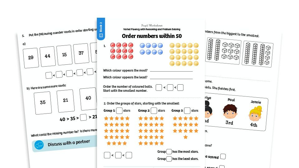 image of White Rose Maths: Year 1 Spring Term – Block 2: Order numbers within 50 maths worksheets