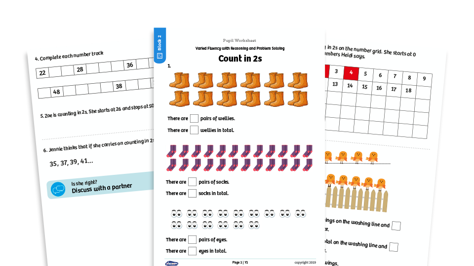 image of White Rose Maths: Year 1 Spring Term – Block 2: Count in 2s maths worksheets
