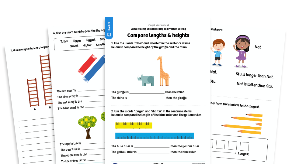 image of White Rose Maths: Year 1 Spring Term – Block 3: Compare lengths and heights maths worksheets