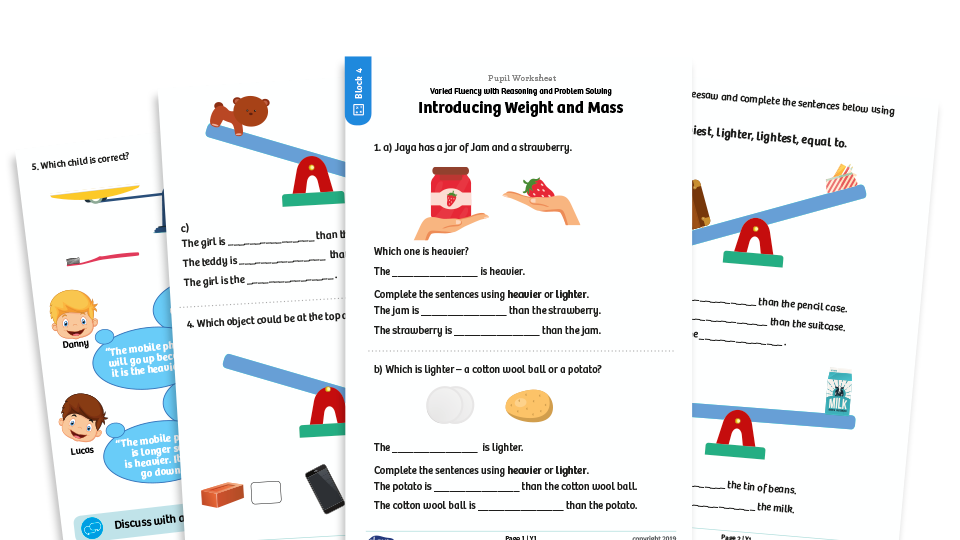 image of White Rose Maths: Year 1 Spring Term – Block 4: Introduce weight and mass maths worksheets