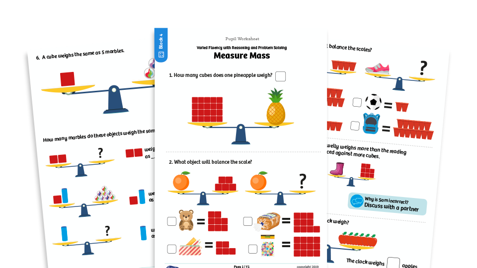 image of White Rose Maths: Year 1 Spring Term – Block 4: Measure mass maths worksheets