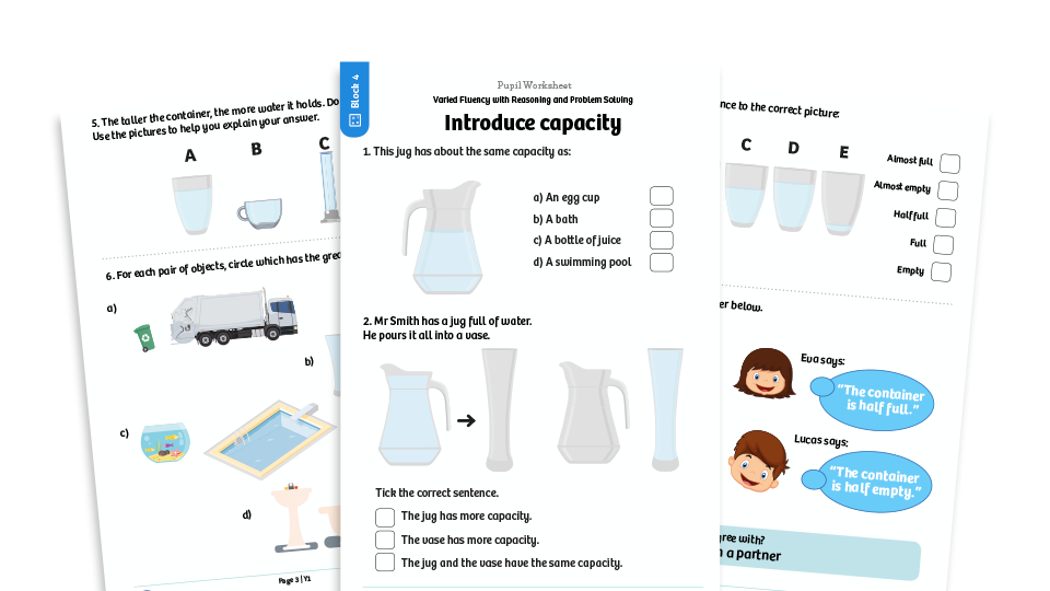 image of White Rose Maths: Year 1 Spring Term – Block 4: Introduce capacity maths worksheets