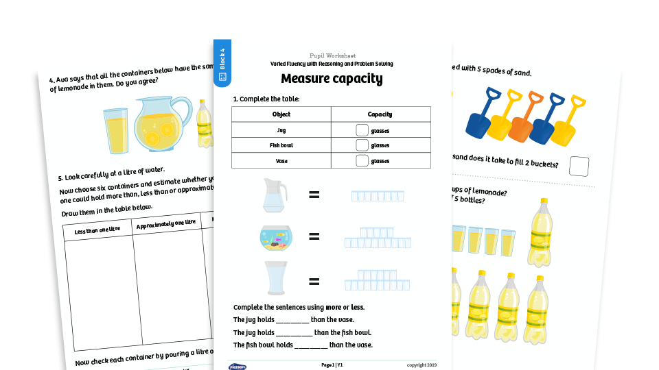 image of White Rose Maths: Year 1 Spring Term – Block 4: Measure capacity maths worksheets