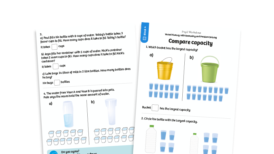 image of White Rose Maths: Year 1 Spring Term – Block 4: Compare capacity maths worksheets