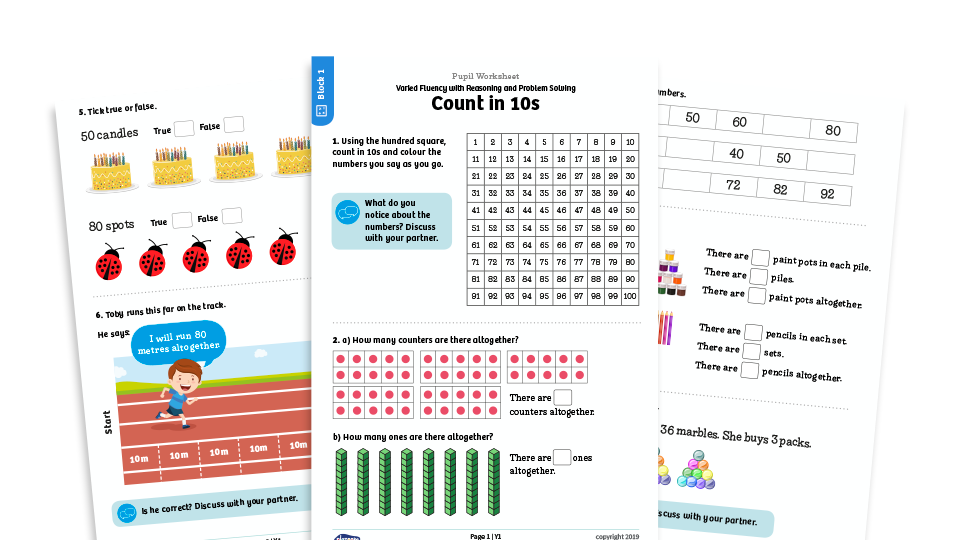 image of White Rose Maths: Year 1 Summer Term – Block 1: Count in 10s maths worksheets