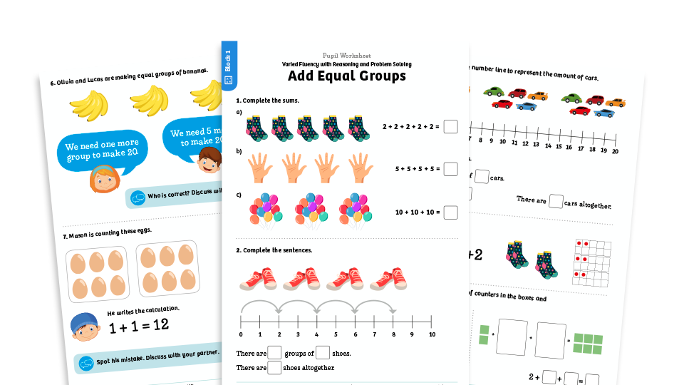 image of White Rose Maths: Year 1 Summer Term – Block 1: Add equal groups maths worksheets