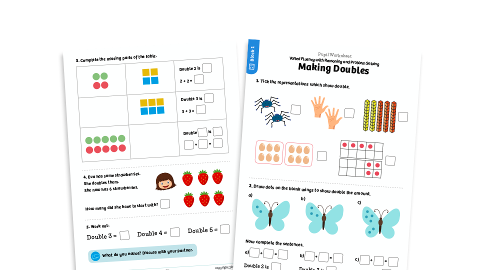 image of White Rose Maths: Year 1 Summer Term – Block 1: Making doubles maths worksheets