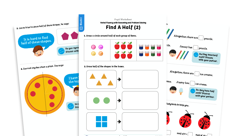 image of White Rose Maths: Year 1 Summer Term – Block 2: Find a half (2) maths worksheets