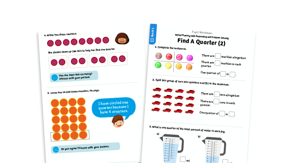 image of White Rose Maths: Year 1 Summer Term – Block 2: Find a quarter (2) maths worksheets