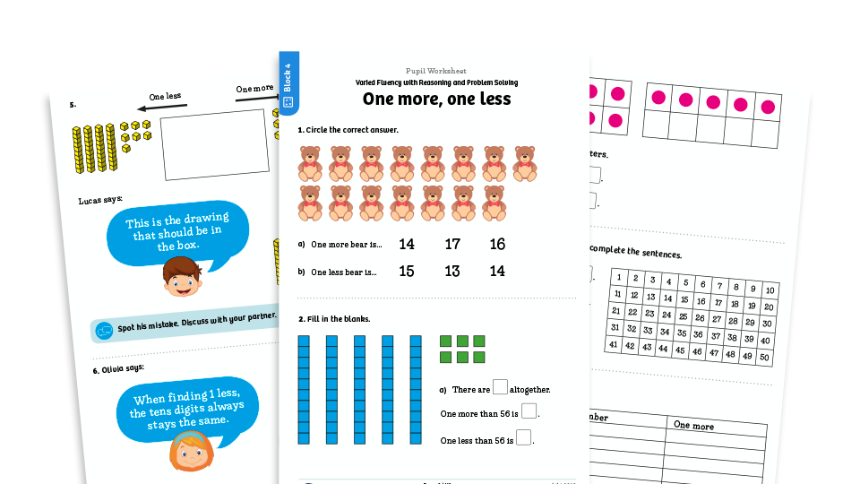 image of White Rose Maths: Year 1 Summer Term – Block 4: One more, one less maths worksheets