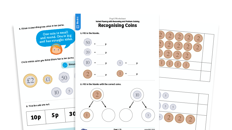 image of White Rose Maths: Year 1 Summer Term – Block 5: Recognising coins maths worksheets