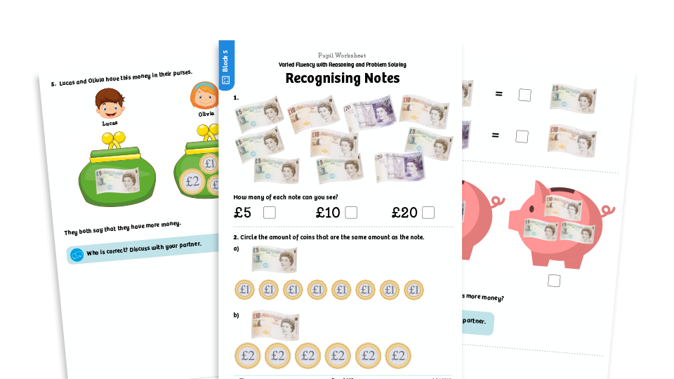 image of White Rose Maths: Year 1 Summer Term – Block 5: Recognising notes maths worksheets