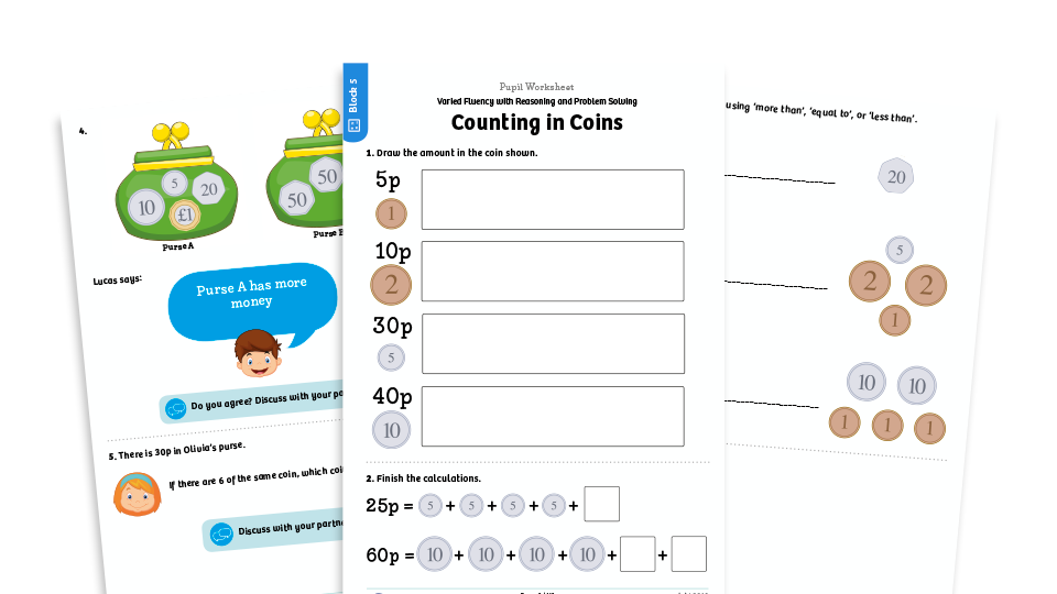 image of White Rose Maths: Year 1 Summer Term – Block 5: Counting in coins maths worksheets