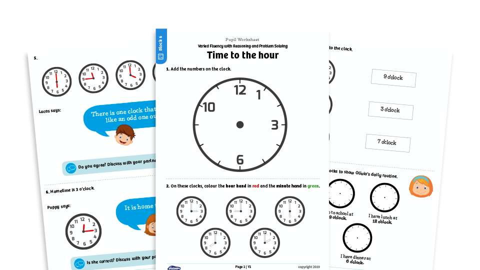 image of White Rose Maths: Year 1 Summer Term – Block 6: Time to the hour maths worksheets