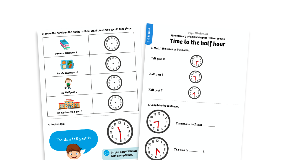 image of White Rose Maths: Year 1 Summer Term – Block 6: Time to the half hour maths worksheets