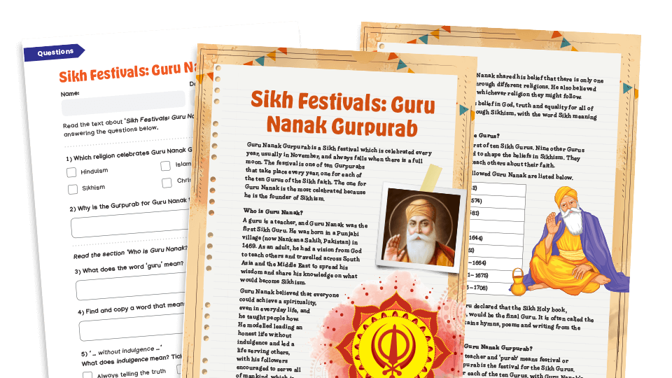 image of Sikh Festivals - Guru Nanak Gurpurab: Key Stage 2 Comprehension Pack With Worksheets and Answers