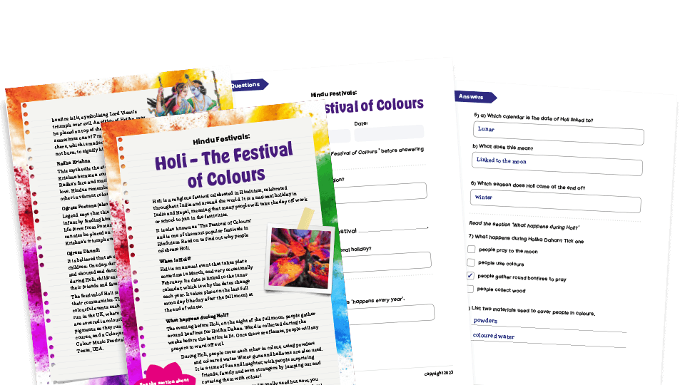 image of Hindu Festivals - Holi - KS2 Comprehension Worksheets and Answers