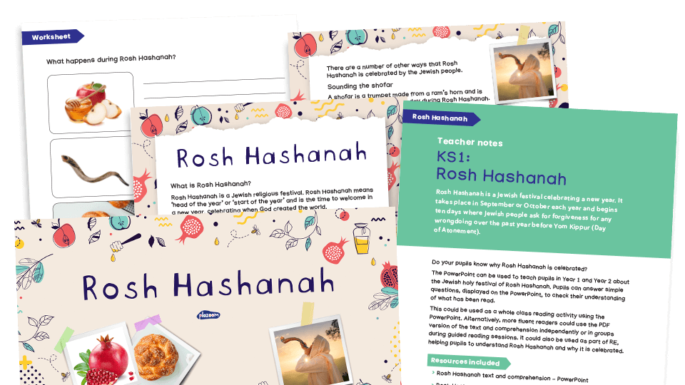 image of Rosh Hashanah (Jewish New Year): Key Stage 1 comprehension and writing worksheets