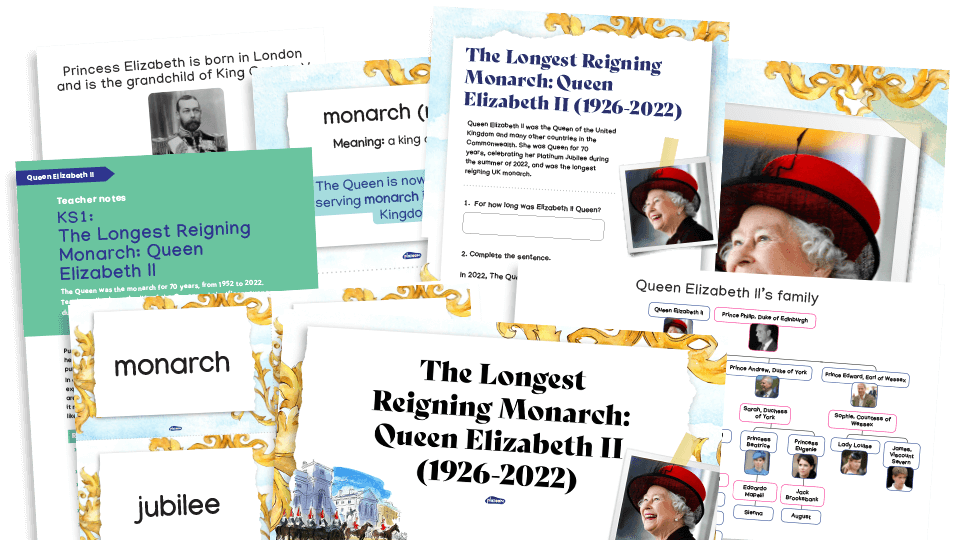 image of Remembering Queen Elizabeth II, The Longest Serving Monarch: Key Stage 1 Lessons and Worksheets Pack