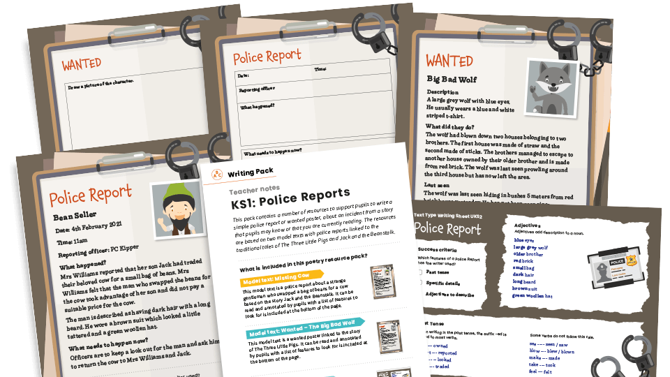 image of Police Reports, Jack and the Beanstalk/The Three Little Pigs - KS1 Text Types: Writing Planners and Model Texts