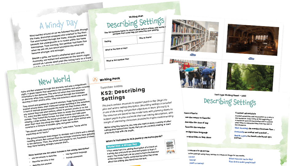 Describing Settings, A Windy Day/New World - KS2 Text Types: Writing Planners and Model Texts