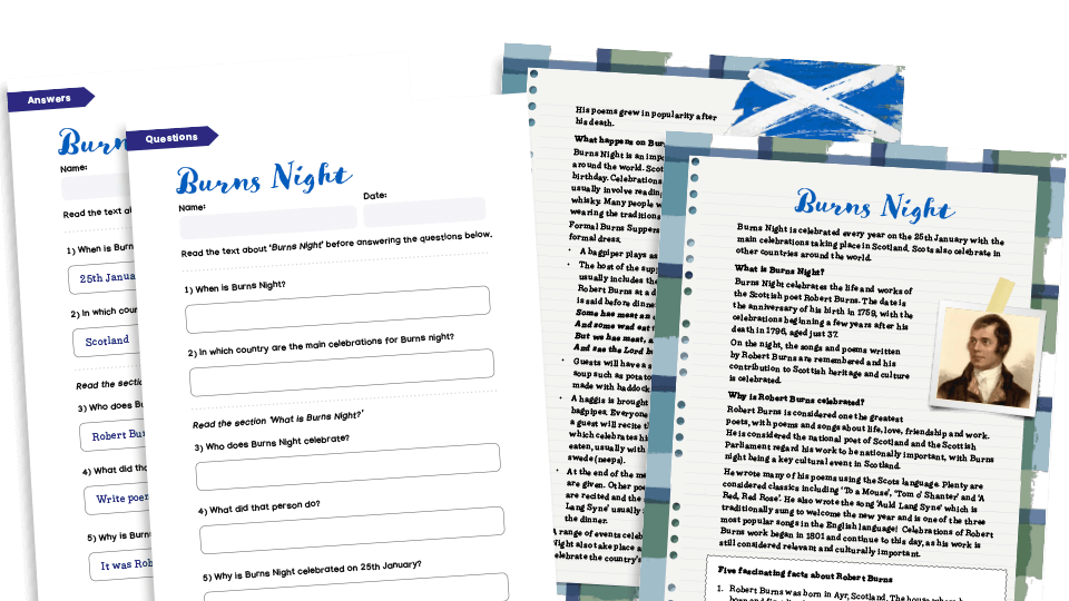 image of Burns Night - KS2 Comprehension Text and Worksheets