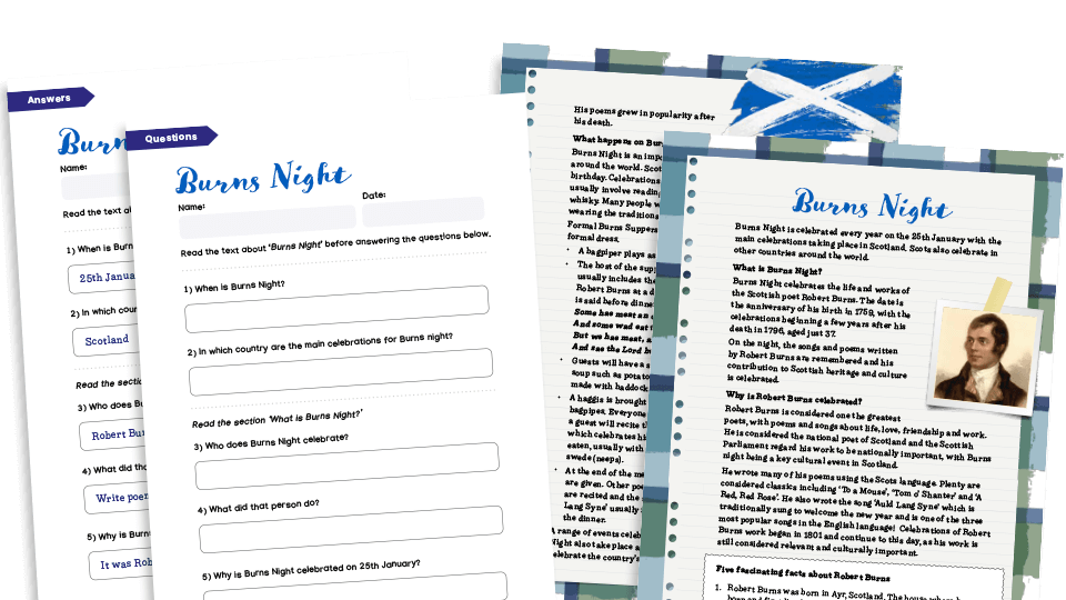 Burns Night - KS2 Comprehension Text and Worksheets